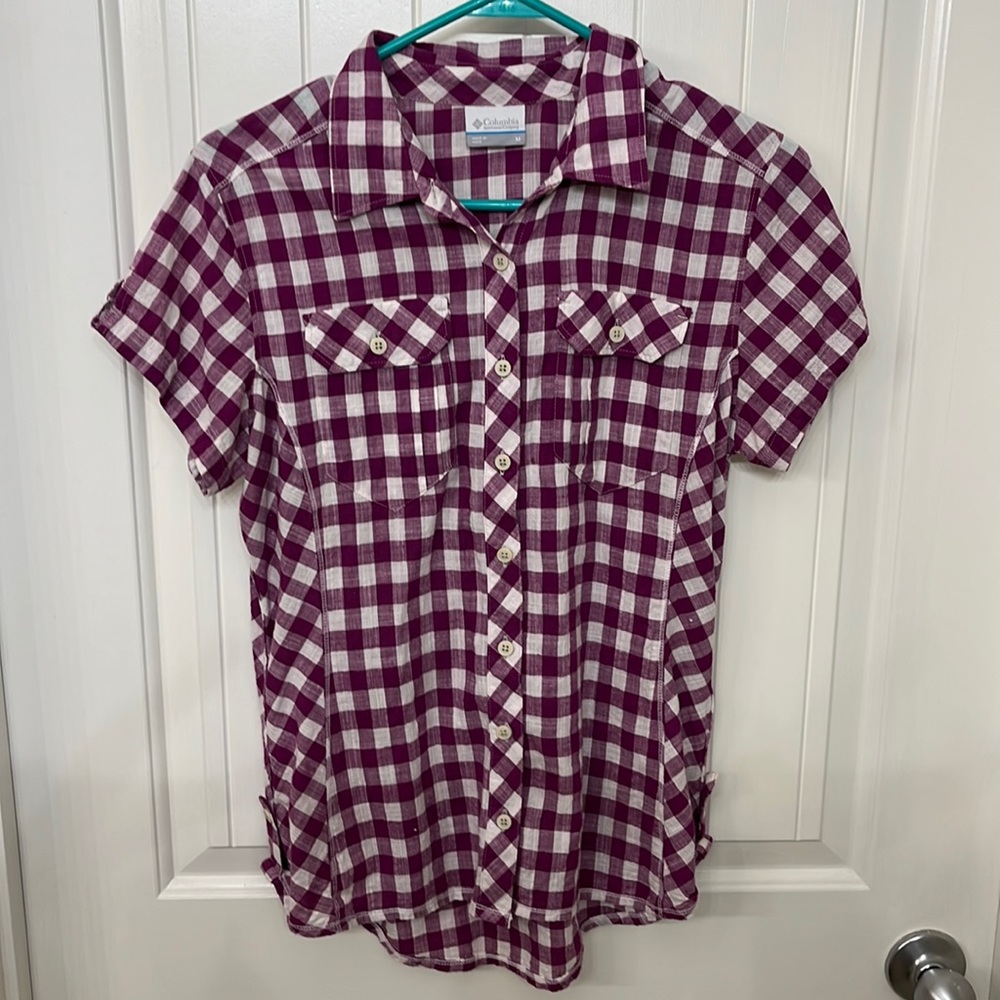 Columbia purple gingham Button Up short, Women’s size Medium